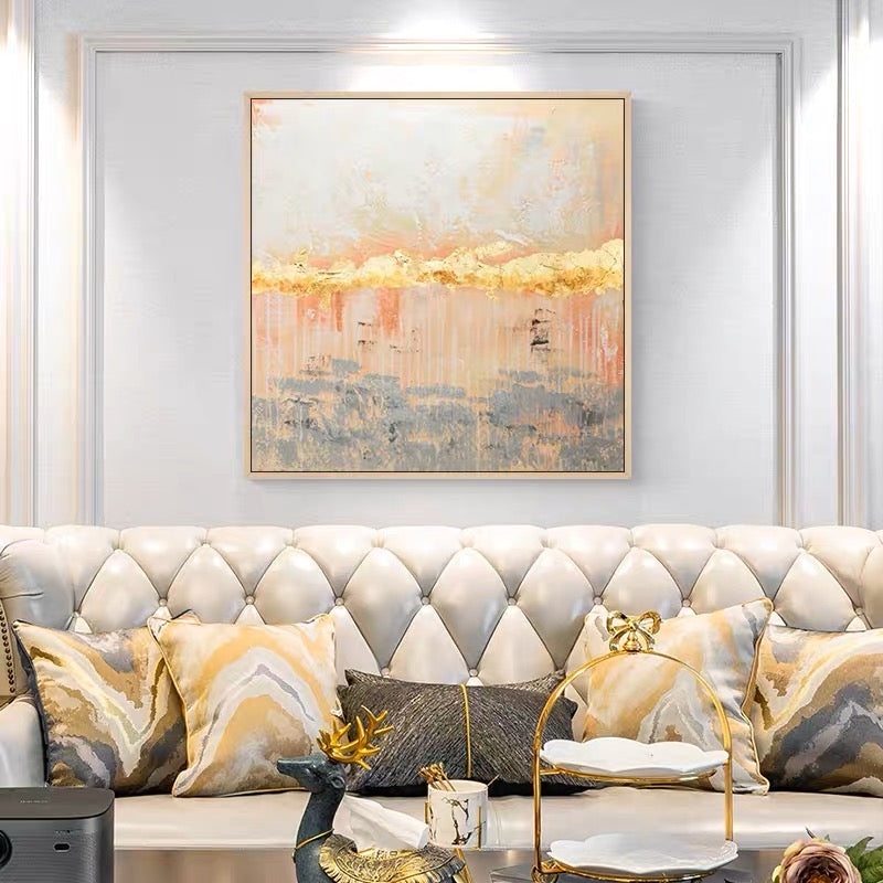 Elegant Abstract Oil Painting with Golden Touches and Soft Color Palette