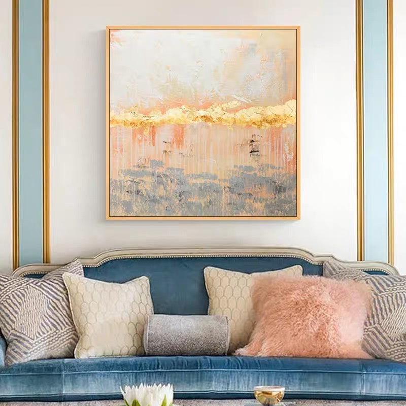 Elegant Abstract Oil Painting with Golden Touches and Soft Color Palette