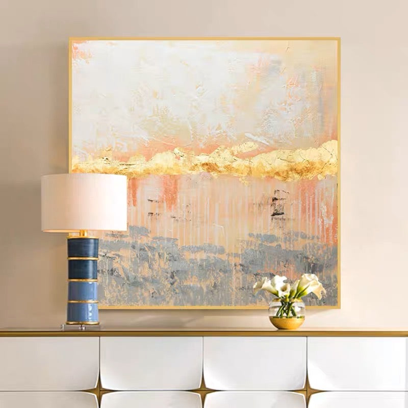 Elegant Abstract Oil Painting with Golden Touches and Soft Color Palette