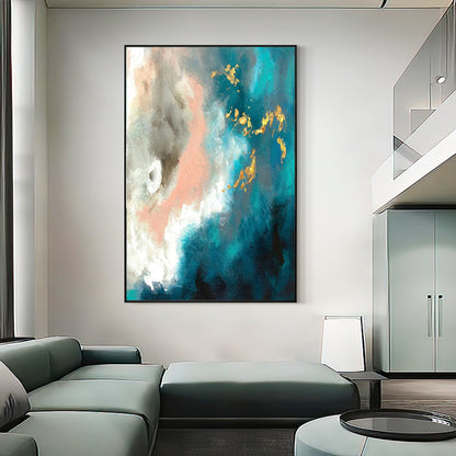 Vibrant Abstract Oil Painting of Celestial Phenomena in Blues and Golds