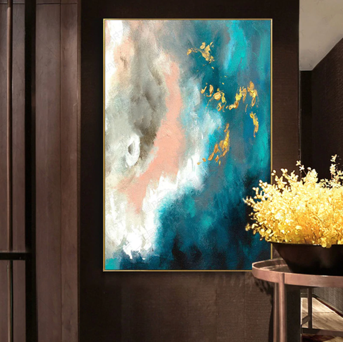 Vibrant Abstract Oil Painting of Celestial Phenomena in Blues and Golds