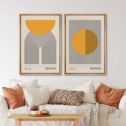 Mid Century Modern Abstract Bauhaus Art Print Set in Yellow and Black Framed Decor