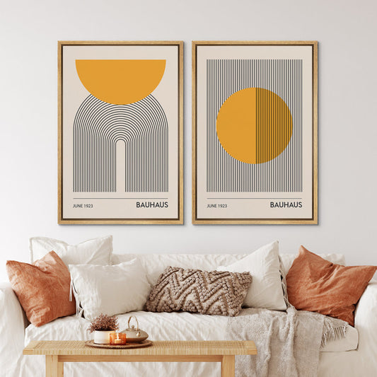 Mid Century Modern Abstract Bauhaus Art Print Set in Yellow and Black Framed Decor