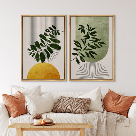Modern Boho Green Yellow Plant Artwork Framed Canvas Wall Art Set