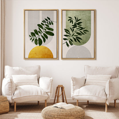 Modern Boho Green Yellow Plant Artwork Framed Canvas Wall Art Set