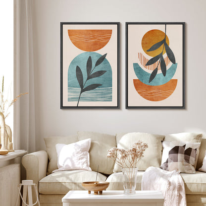Modern Abstract Orange and Green Polygon Art Print - Framed Canvas Set