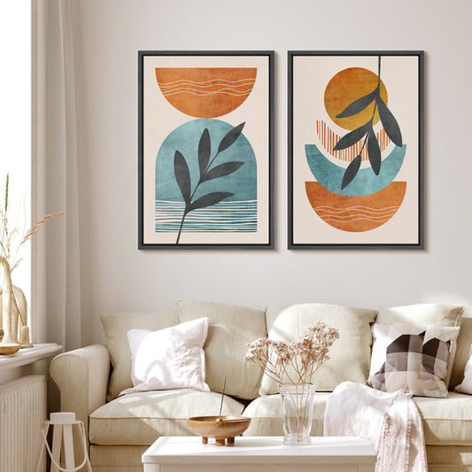 Modern Abstract Orange and Green Polygon Art Print - Framed Canvas Set