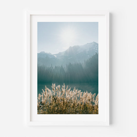 Serene Mountain Lake Landscape with Glowing Sun and Lush Wild Grasses