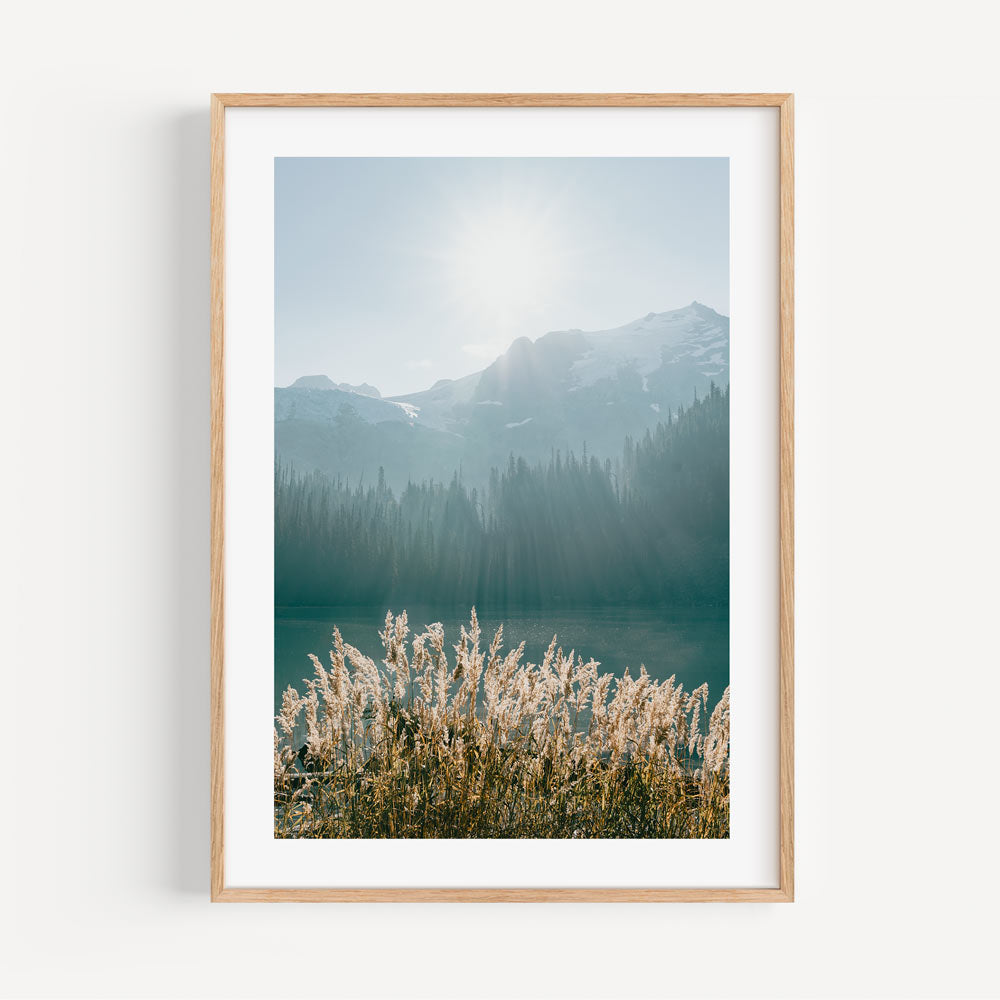 Serene Mountain Lake Landscape with Glowing Sun and Lush Wild Grasses