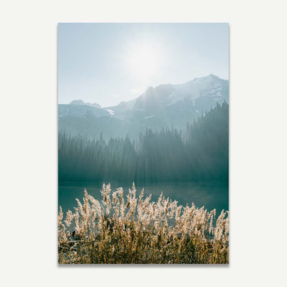 Serene Mountain Lake Landscape with Glowing Sun and Lush Wild Grasses