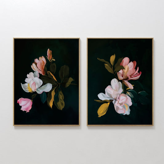 Enchanting Floral Oil Paintings - Set of Two Elegant Blossoms on Dark Background