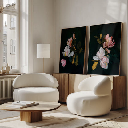 Enchanting Floral Oil Paintings - Set of Two Elegant Blossoms on Dark Background