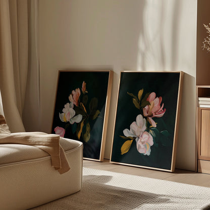 Enchanting Floral Oil Paintings - Set of Two Elegant Blossoms on Dark Background