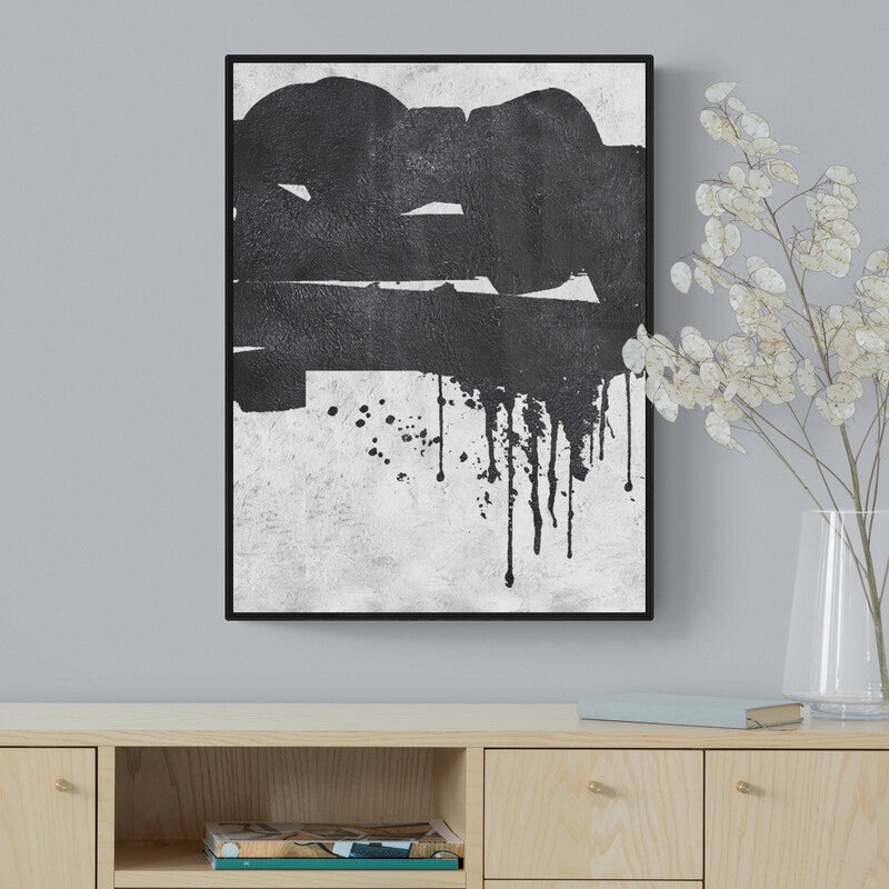 Abstract Black and White Oil Painting with Drips and Textured Canvas