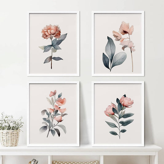 Framed Teal & Pink Pastel Flower Set | Botanical Wall Art for Living Room & Bedroom Decor