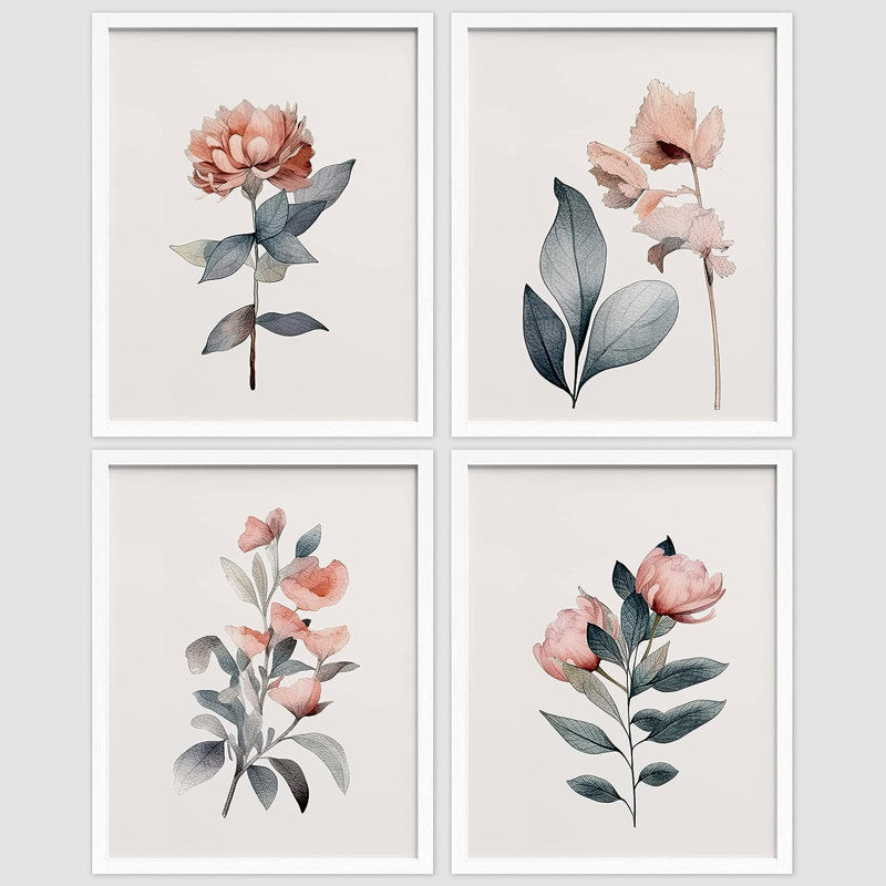 Framed Teal & Pink Pastel Flower Set | Botanical Wall Art for Living Room & Bedroom Decor