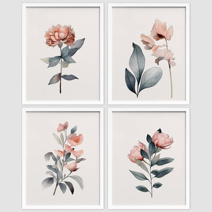 Framed Teal & Pink Pastel Flower Set | Botanical Wall Art for Living Room & Bedroom Decor