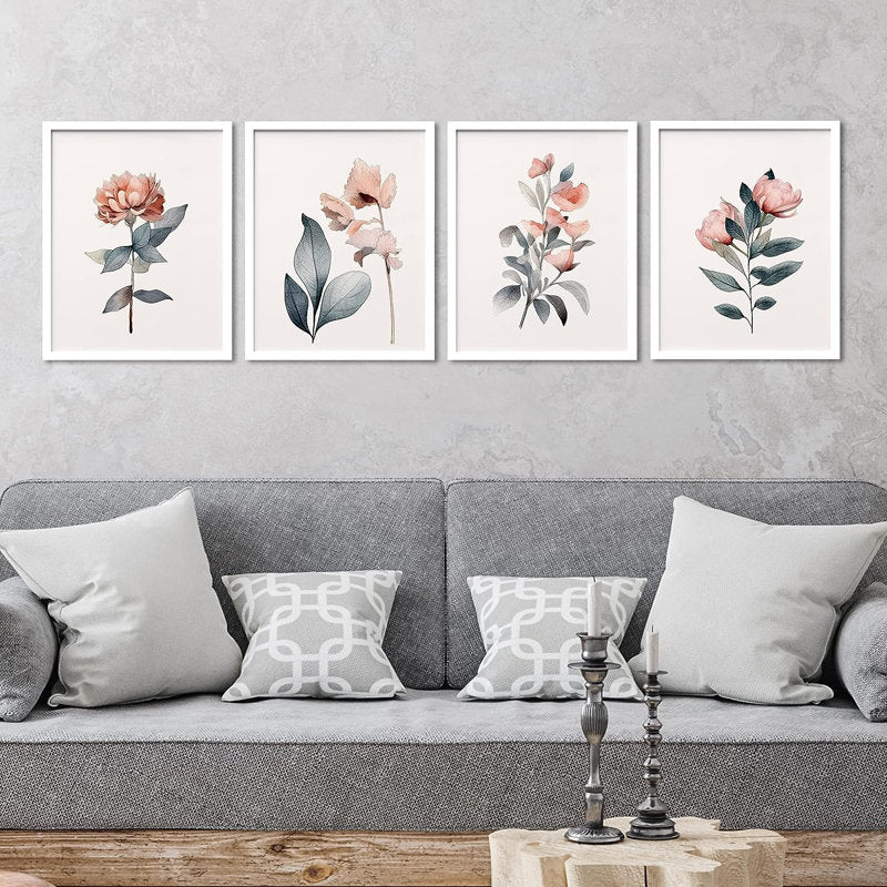 Framed Teal & Pink Pastel Flower Set | Botanical Wall Art for Living Room & Bedroom Decor