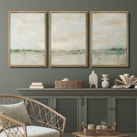 Tranquil Green Pastel Landscape Art Set - Abstract Framed Oil Paintings for Elegant Decor