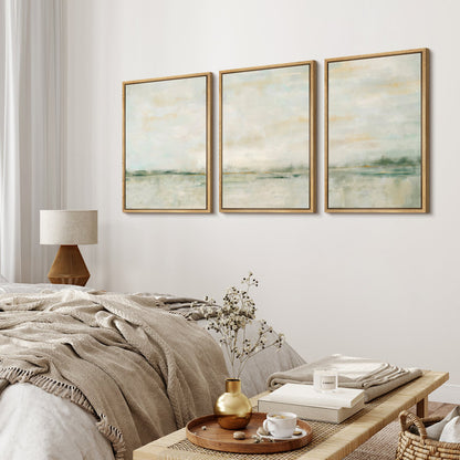 Tranquil Green Pastel Landscape Art Set - Abstract Framed Oil Paintings for Elegant Decor
