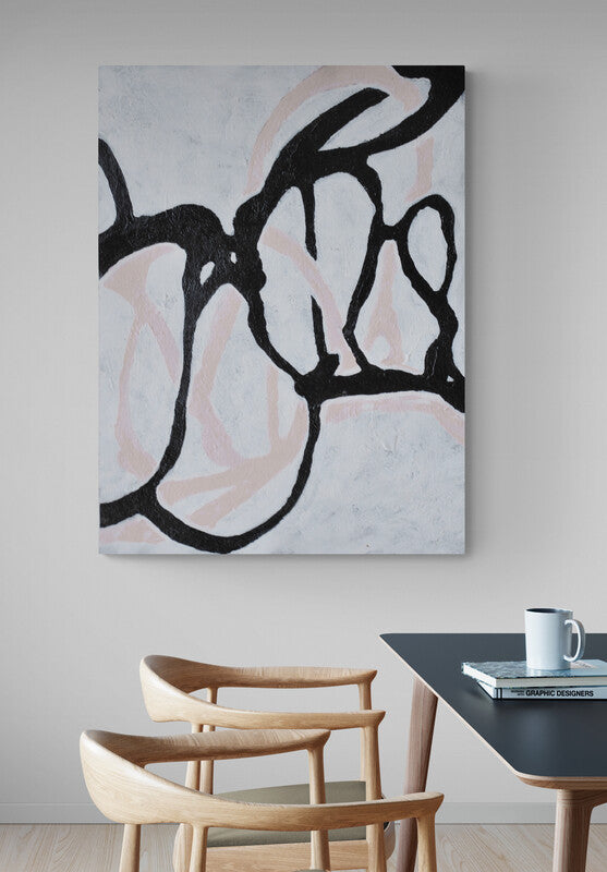 Contemporary Abstract Oil Painting in Black and Soft Pink Tones for Modern Decor