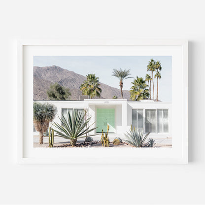 Serene Mint Green Door with Palm Oasis in Modern Desert Landscape