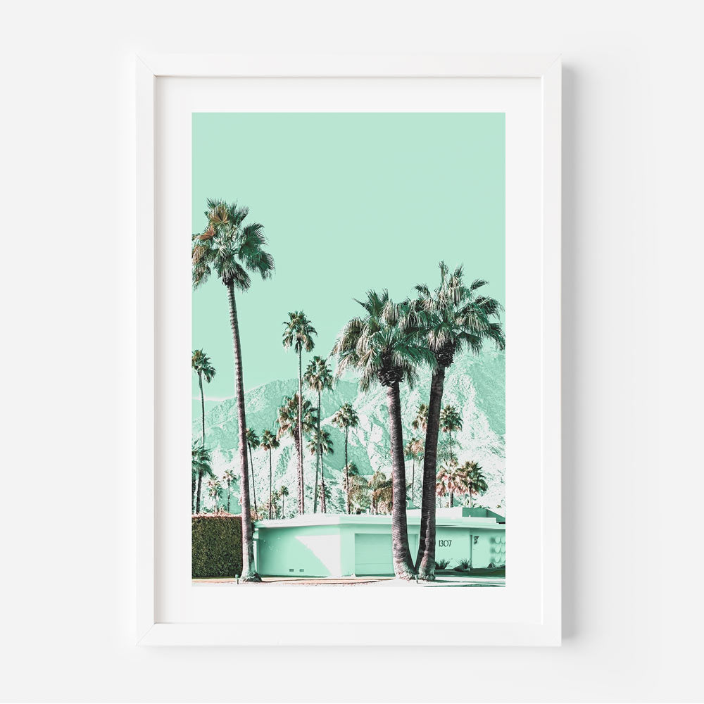 Tropical Mint Oasis: Serene Palm Tree Landscape Oil Painting for Modern Decor