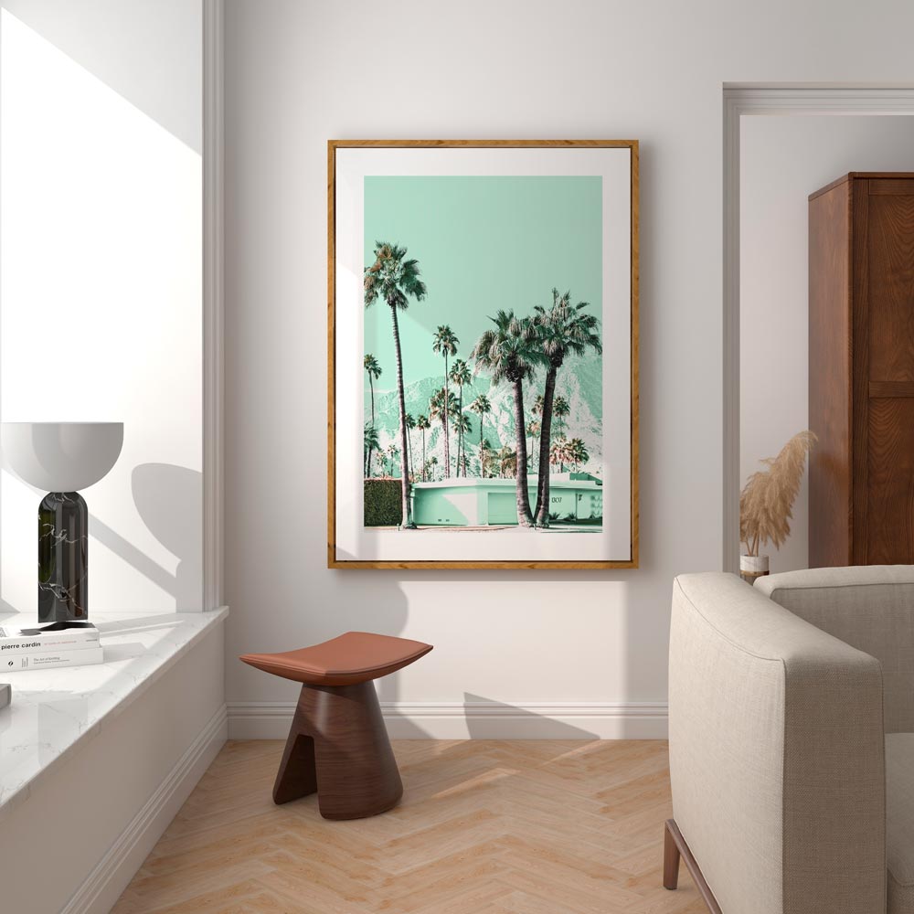 Tropical Mint Oasis: Serene Palm Tree Landscape Oil Painting for Modern Decor