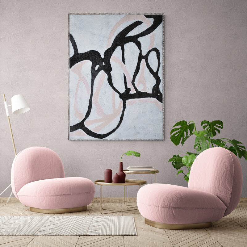 Contemporary Abstract Oil Painting in Black and Soft Pink Tones for Modern Decor