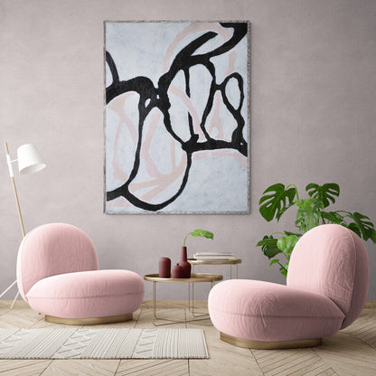 Contemporary Abstract Oil Painting in Black and Soft Pink Tones for Modern Decor