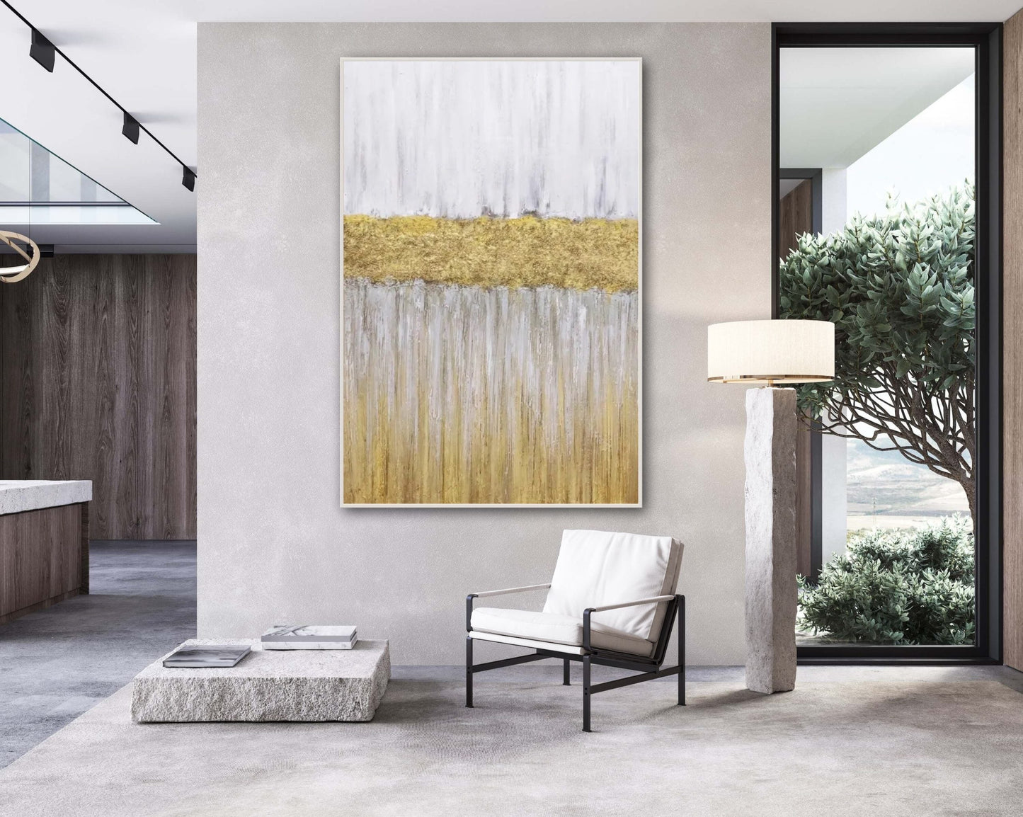 Abstract Gold and White Oil Painting for Elegant Home Decor