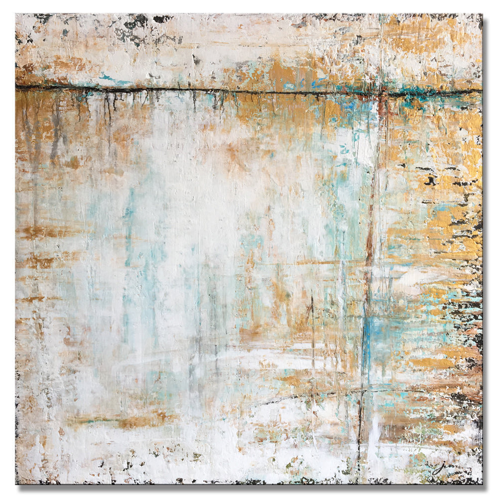 Abstract Serenity: Modern Oil Painting with Blue and Gold Tones for Home Decor