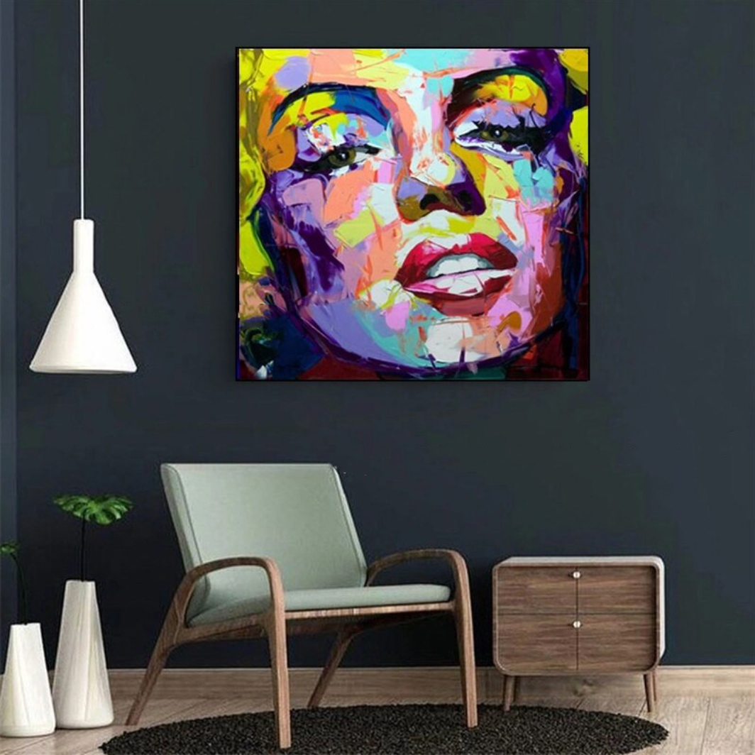 Vibrant Abstract Portrait of Iconic Starlet in Oil - Bold Colorful Artwork for Home Decor