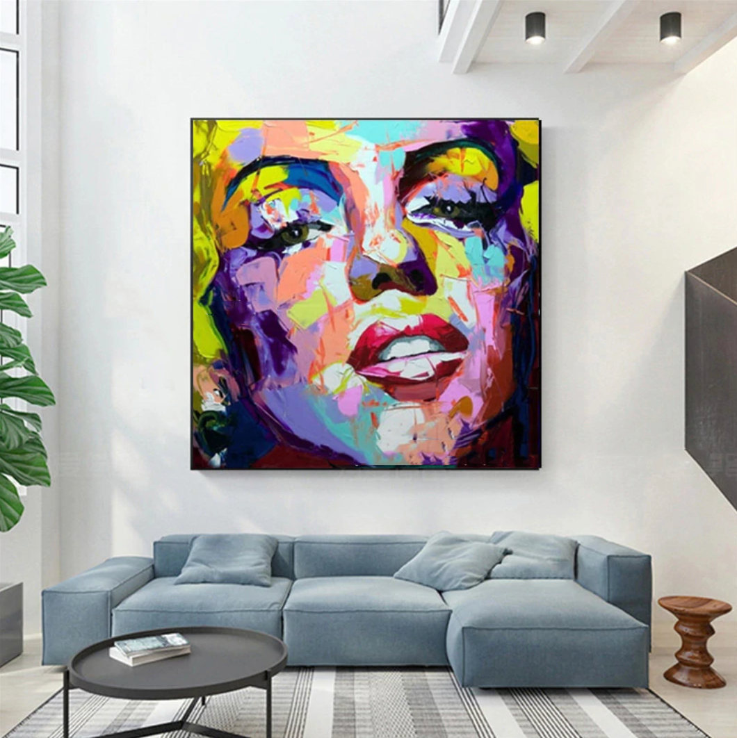 Vibrant Abstract Portrait of Iconic Starlet in Oil - Bold Colorful Artwork for Home Decor