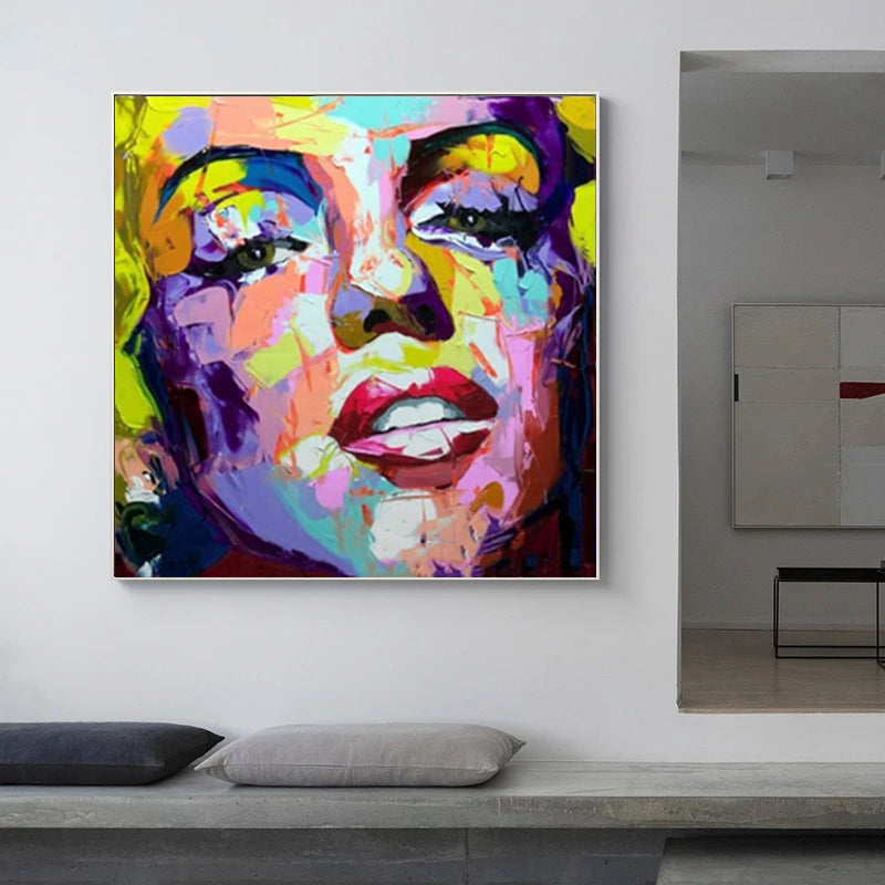 Vibrant Abstract Portrait of Iconic Starlet in Oil - Bold Colorful Artwork for Home Decor