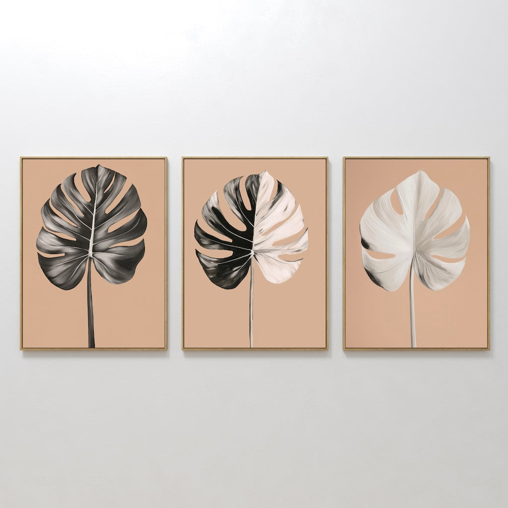 Monstera Leaf Triptych: Elegant Oil Paintings for Modern Home Decor