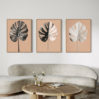 Monstera Leaf Triptych: Elegant Oil Paintings for Modern Home Decor