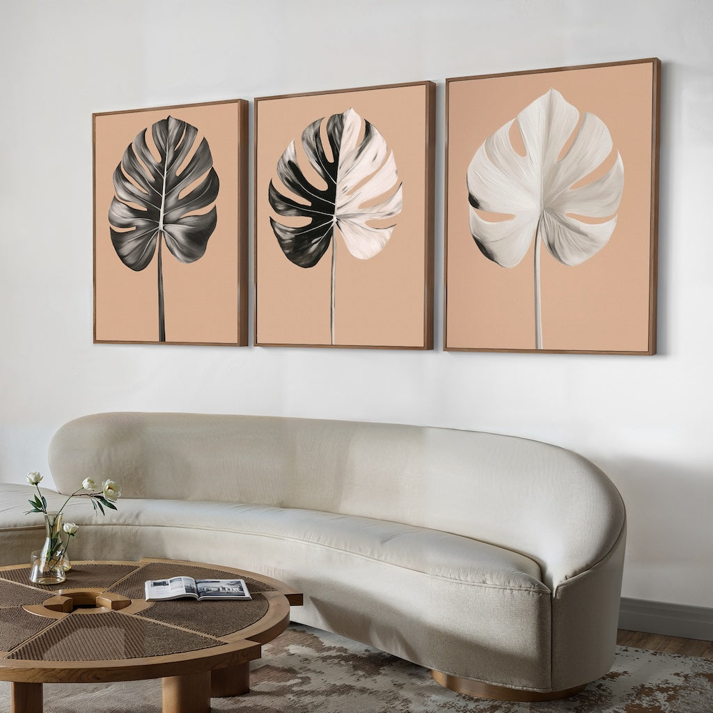 Monstera Leaf Triptych: Elegant Oil Paintings for Modern Home Decor