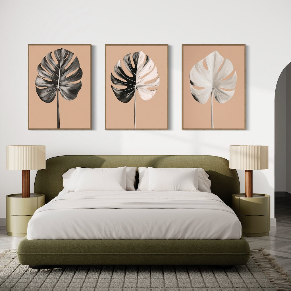 Monstera Leaf Triptych: Elegant Oil Paintings for Modern Home Decor