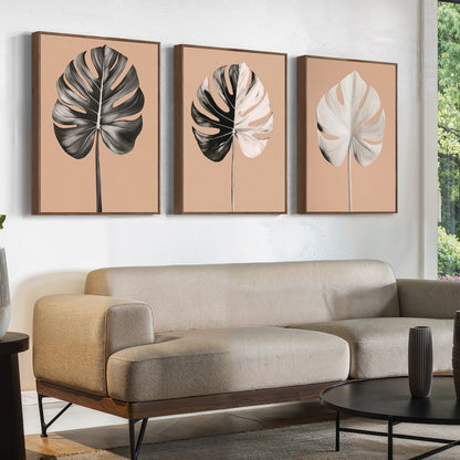 Monstera Leaf Triptych: Elegant Oil Paintings for Modern Home Decor