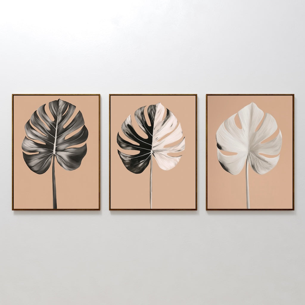 Monstera Leaf Triptych: Elegant Oil Paintings for Modern Home Decor