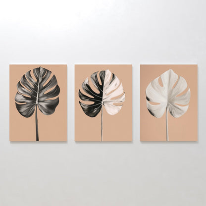 Monstera Leaf Triptych: Elegant Oil Paintings for Modern Home Decor