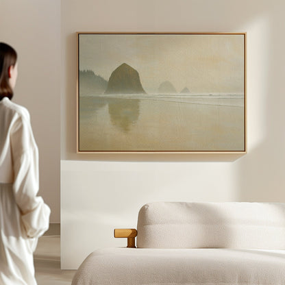 Serene Morning at Cannon Beach Coastal Oil Painting for Home Decor