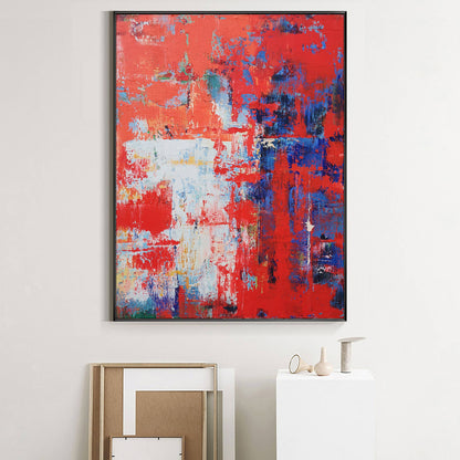 Vibrant Red Abstract Oil Painting with Bold Blue Accents for Modern Home Decor