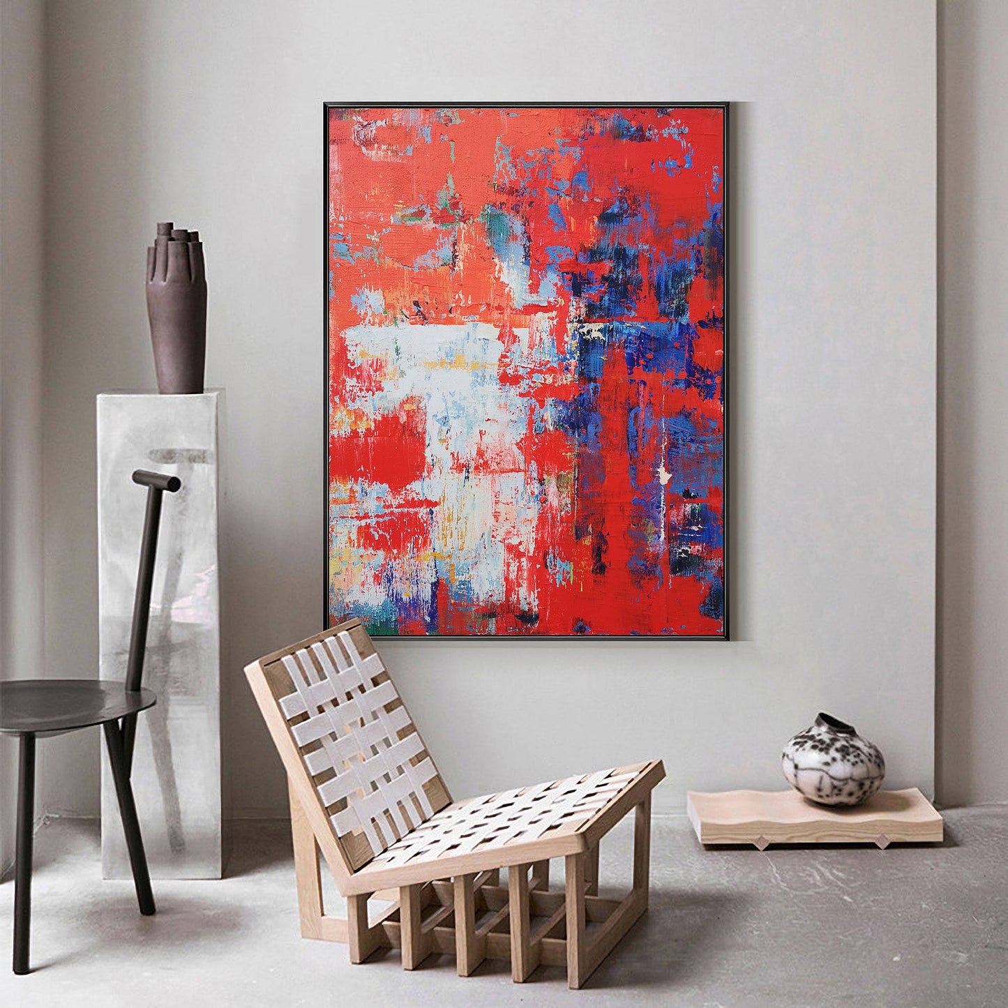 Vibrant Red Abstract Oil Painting with Bold Blue Accents for Modern Home Decor