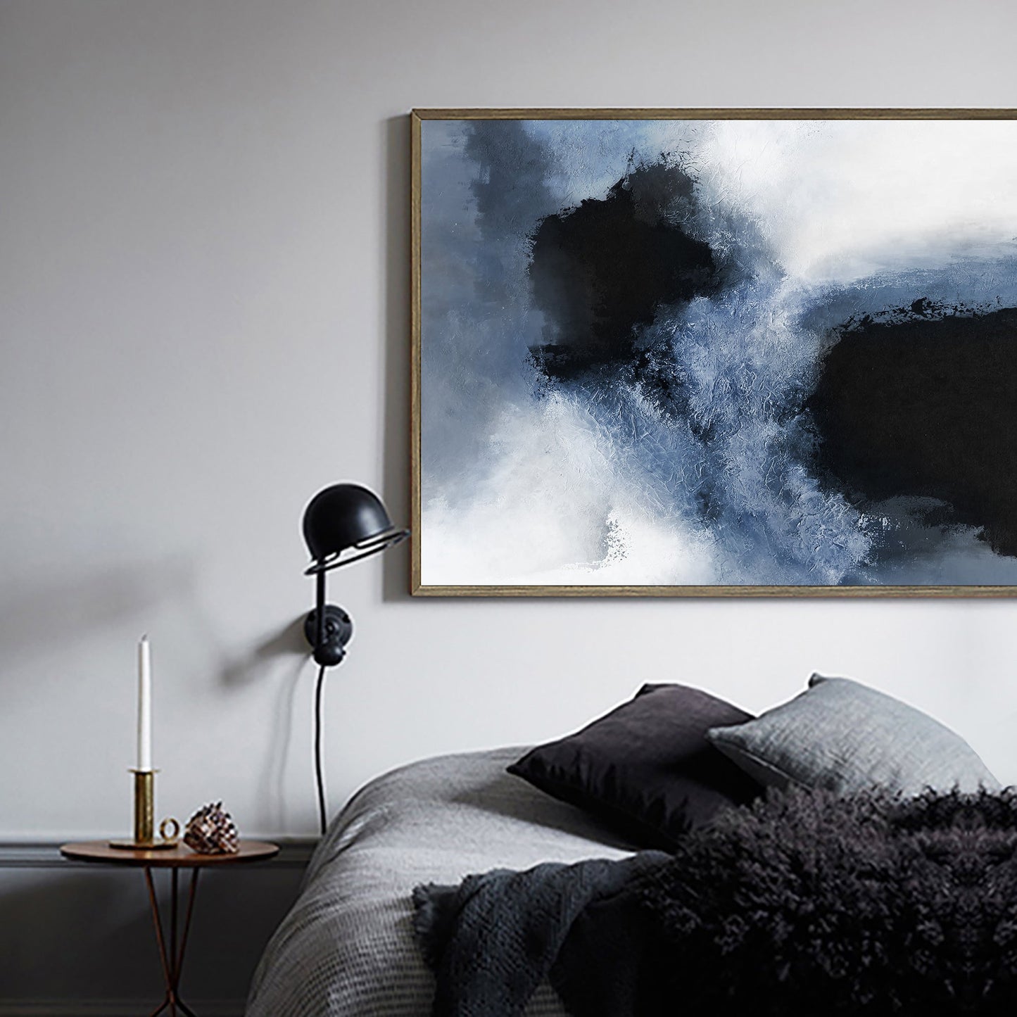 Serene Blue and Black Abstract Oil Painting for Modern Home Decor