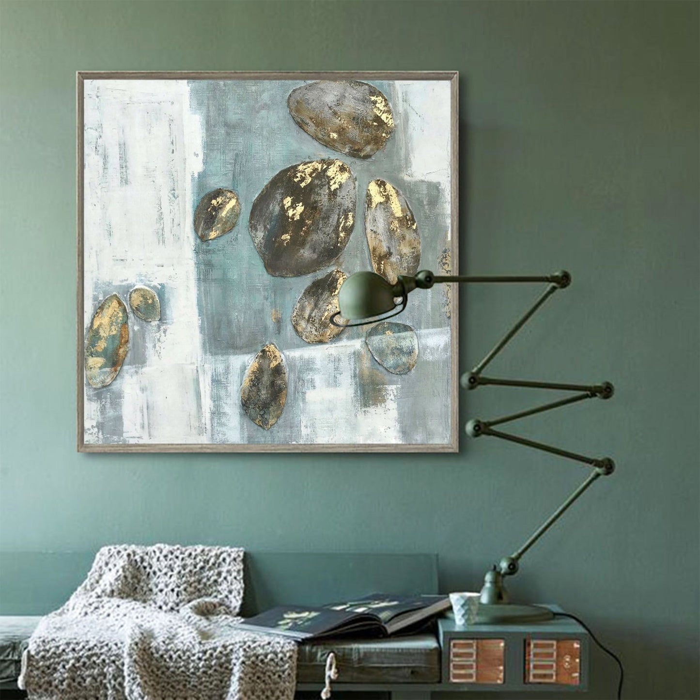 Serene Green Abstract Oil Painting with Textured Gold Accents for Modern Decor