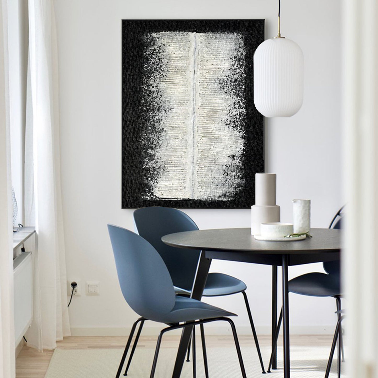 Contemporary Minimalist Black and White Oil Painting for Modern Decor