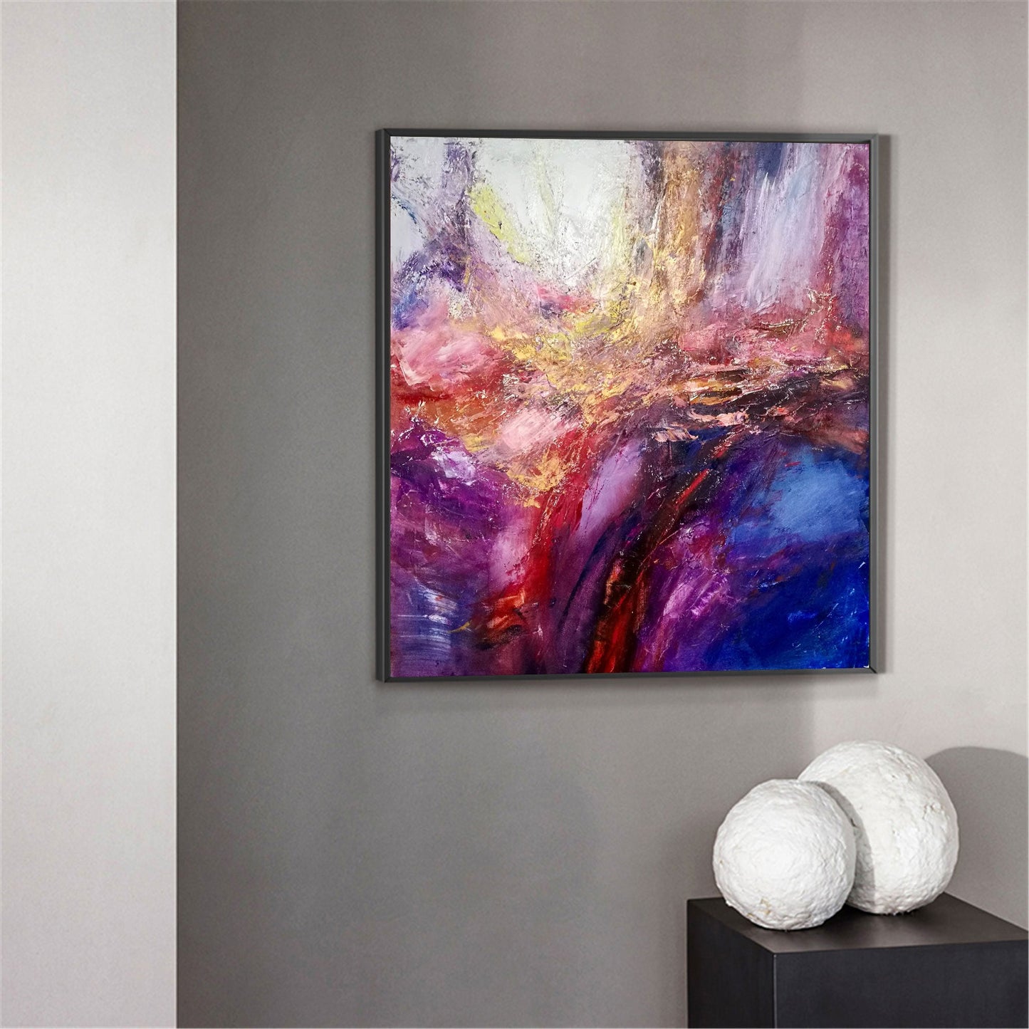 Vibrant Gold Pink Blue Abstract Oil Painting for Modern Home Decor