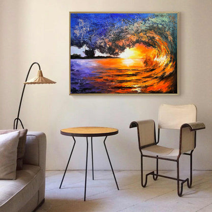 Vibrant Sunset Wave Landscape Oil Painting for Home Decor and Beach Lovers